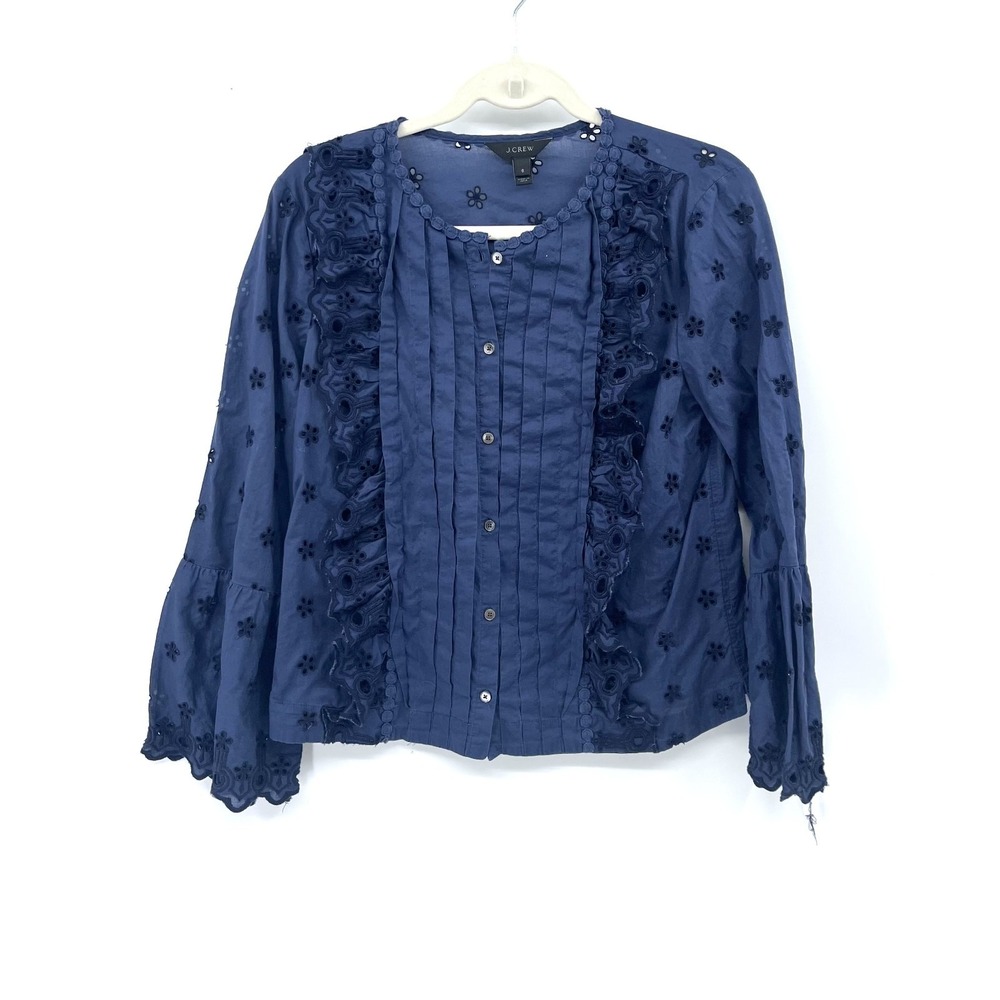 J.Crew Dark blue bell sleeve boho preppy coastal flower cut out button up top 6